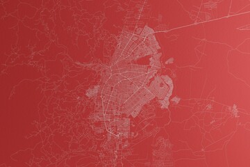 Map of the streets of Cali (Colombia) made with white lines on red paper. Top view, rough background. 3d render, illustration