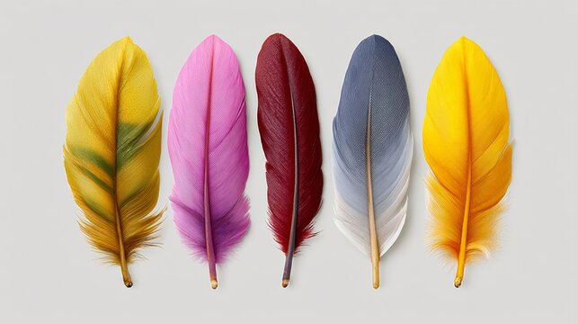 Colorful collection of vibrant feathers arranged in a row, showcasing various shades and textures, emphasizing the beauty of nature and the diversity of avian species in a minimalistic setting