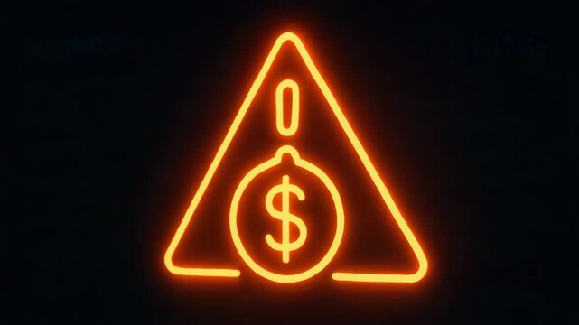 A modern digital banking interface displaying a warning sign with a dollar symbol. The bright neon colors highlight potential issues in managing accounts and transferring funds.