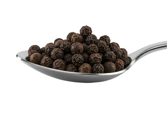 Black Peppercorns: Close-Up of Spice on Spoon on white background