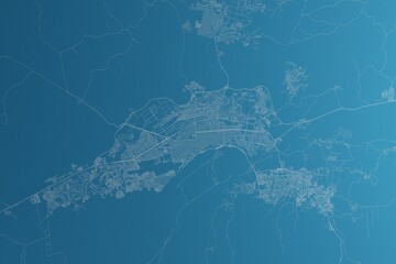 Map of the streets of Barquisimeto (Venezuela) made with white lines on blue paper. Rough background. 3d render, illustration