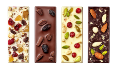 Four assorted chocolate bars with nuts and dried fruit