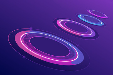 Generate a vibrant image of several iridescent, gradient rings floating in a deep purple, futuristic void.  Focus on the smooth, glowing surfaces of the rings.