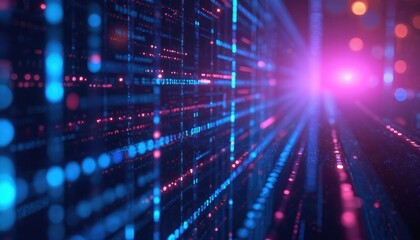 Obraz premium Abstract digital tech background with binary code data streams in blue, purple. Cyber security, programming theme, represents information technology network, digital security, virtual information.