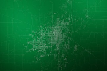 Fototapeta premium Map of the streets of Springfield (Illinois, USA) made with white lines on abstract green background lit by two lights. Top view. 3d render, illustration