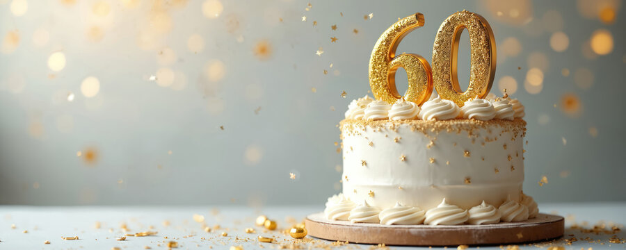 Elegant 60th birthday cake with golden decorations. White frosting, delicious dessert, sweet treat. Celebration, event, gathering, milestone. Happy anniversary, special occasion, personalized invite.