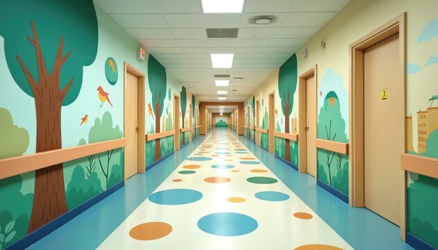Vibrant hospital corridor with cheerful murals, bright colors, playful designs. Creating welcoming atmosphere for children treatment. Modern design. Wall art of trees, birds, sky, city. Healthcare