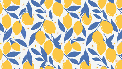 Seamless pattern of yellow lemons with blue leaves on a white background surface design vector art print