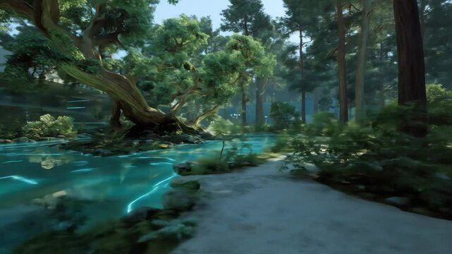 Serene Forest Stream with Zen Garden.