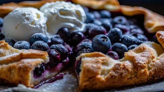 Freshly baked blueberry galette with creamy ice cream served on a rustic wooden table
