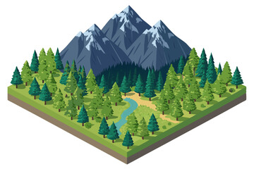 Create a detailed isometric illustration of majestic mountains, featuring lush pine forests clinging to steep slopes, showcasing deep contours and dramatic shadows.