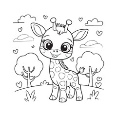 Cute cartoon giraffe standing in a simple landscape with hearts