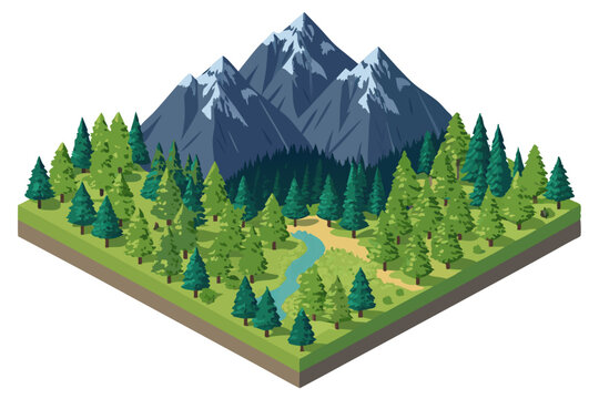 Create a detailed isometric illustration of majestic mountains, featuring lush pine forests clinging to steep slopes, showcasing deep contours and dramatic shadows.