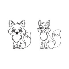 Two cute cartoon foxes isolated on white background in black and white