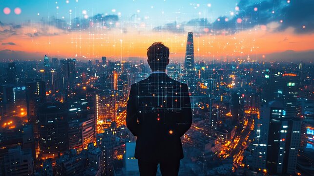 Businessman overlooking city skyline at sunset with digital network overlay effect