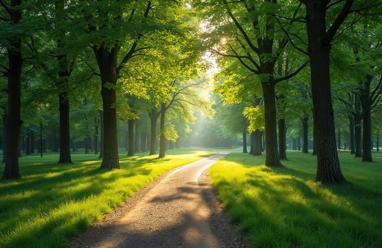 Scenic view of sunny forest path in Kampina nature area. Sunlight through trees creating shadows on grass. Path leads through green foliage. Nature landscape. Walking, travel, eco concept.