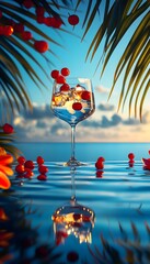 Sparkling beverage with ice and cherries in a glass, reflected on water.