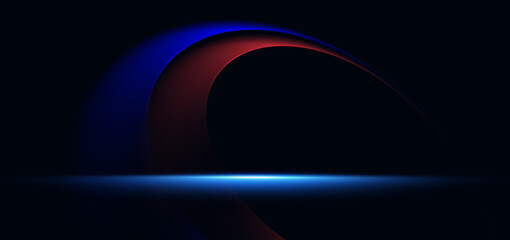 Blue and red curve ray on black background with blue lighting effect.