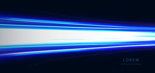 Blue beam glowing horizontal on dark backround. Hi speed motion moving concept.