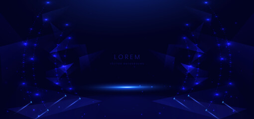 Abstract technology futuristic glowing triangle neon blue light ray on dark blue background.