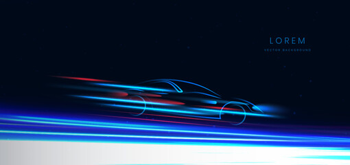 Sport car on hi-speed motion moving concept on dark blue background.