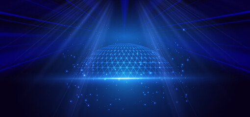 Scence futuristic glowing blue neon light ray with global decor on dark blue background.