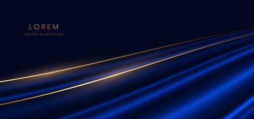 Abstract elegant blue curve and gold line with lighting effect sparkle on blue background. Template premium award design.