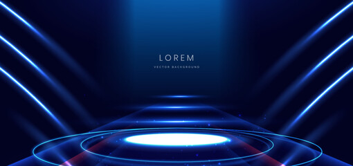 Scene glowing on dark blue background with glowing neon lights podium in futuristic. Concept technology, gamer.