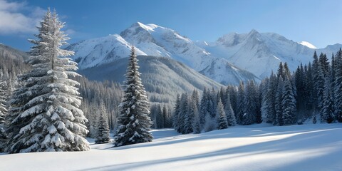 Fototapeta premium Snow-covered trees in a cold winter mountain landscape