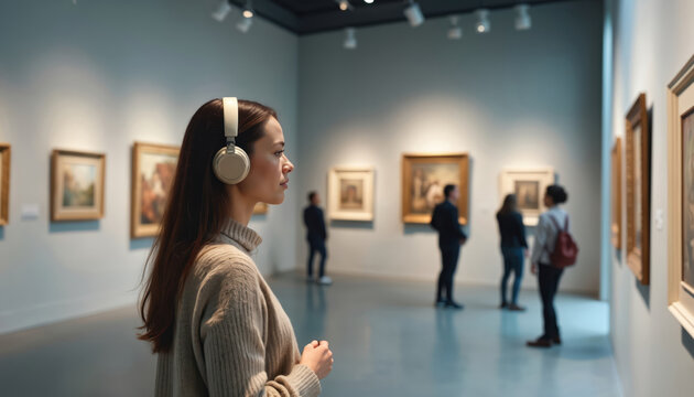 Woman explores museum show. Listens audio guide with headphones. Exhibits represent art, culture, history. Education concept. Modern museum, art gallery. Leisure, cultural activities, learning,