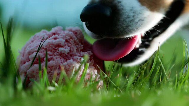 Hund leckt Eiskugel auf dem Rasen ohne Waffel. K&uuml;nstliche Intelligenz KI