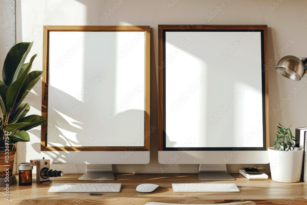 Wall mural detailed visual of two frames on a desktop mock up design