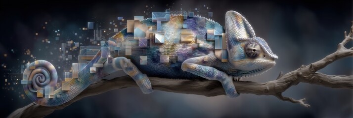 Chameleon resting on branch, transforming with digital pixels