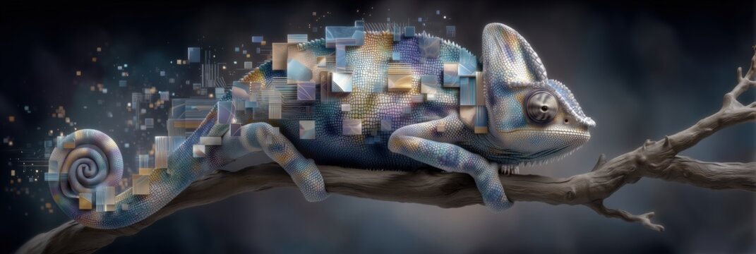 Chameleon resting on branch, transforming with digital pixels - Powered by Adobe