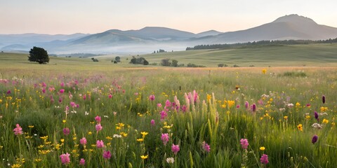 Fototapeta premium Red poppies bloom in a vibrant summer meadow under a blue sky, a beautiful rural landscape