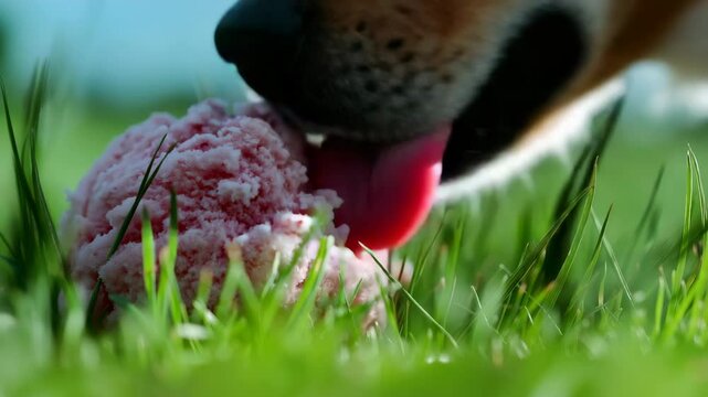 Hund leckt Eiskugel auf dem Rasen ohne Waffel. K&uuml;nstliche Intelligenz KI
