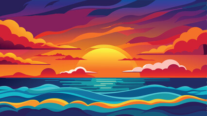 Vibrant sunset over the sea featuring stylized clouds and a bold color palette
