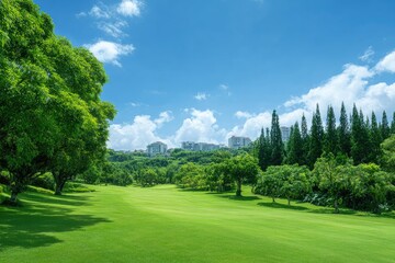 Obraz premium Lush green expanse, vibrant trees, and a distant cityscape under a bright, partly cloudy sky