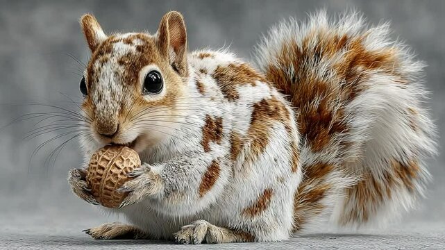 Adorable Squirrel munching on a nut, with brown and white patterned fur close-up video