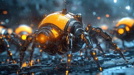 Futuristic robot army in a city