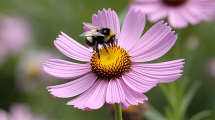 Close-up of a bee pollinating a vibrant pink flower in a lush green environment.