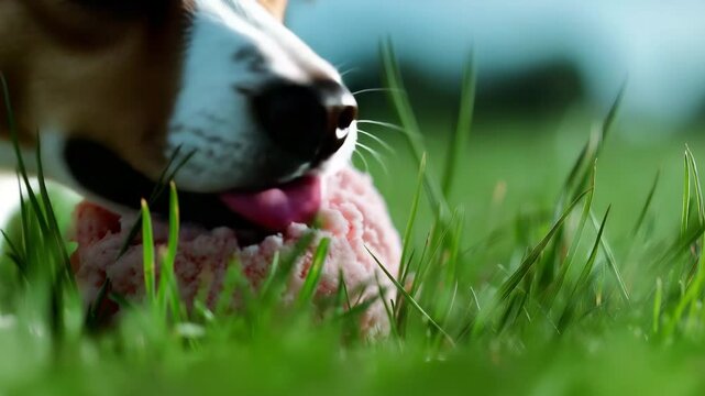 Hund leckt Eiskugel auf dem Rasen ohne Waffel. K&uuml;nstliche Intelligenz KI