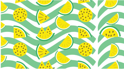 A pattern of yellow watermelon slices and circles on a wavy green and white background design repeat pattern