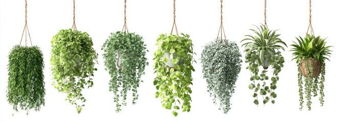 Seven lush, trailing plants hang in simple macrame planters against a white backdrop