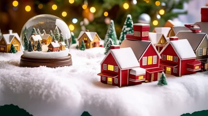 Miniature village in glass snow globe with snowy trees and houses creating a whimsical festive Christmas scene