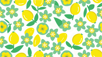 Seamless pattern of yellow lemon fruits and green flowers with leaves on a white background design vector