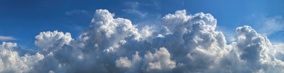 Obraz premium Expansive cumulus clouds dominate a vivid blue sky, their fluffy forms illuminated by sunlight, creating a breathtaking panoramic view