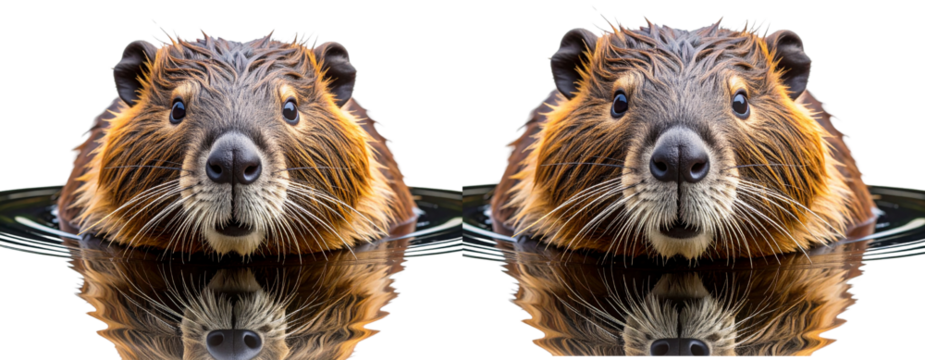 Beaver Swimming with Head Above Water, Reflected Surface Effect, Transparent Background