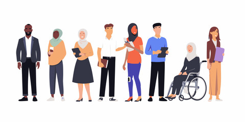Obraz premium Diverse Group of People Standing Together Representing Inclusion and Equality Showing Different Ethnicities Abilities and Backgrounds in a Modern Flat