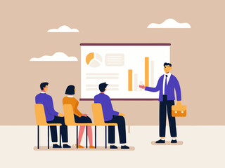 Business Presentation with Charts and Graphs Team Meeting Flat Vector Illustration Corporate Training Business Strategy Financial Report Data Analysis Seminar